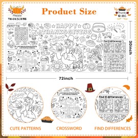 JUESMOS Thanksgiving Coloring Tablecloth for Kids 72'' x 30'' Giant Fall Thanksgiving Coloring Poster Disposable Harvest Themed Table Cloth to Color Paper Tablecloth Crafts for Home Classroom Decor