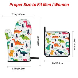 Cute Dino Kawaii Dinosaur Oven Mitts and Pot Holders Set of 4, Oven Mittens and Potholders Heat Resistant Gloves for Kitchen Cooking Baking Grilling BBQ