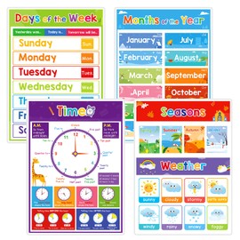 Zwttey 4Pcs Educational Poster of Week/Moths/Season/Time, Teaching Aids Classroom Decoration Kids Toddlers Learning Flashcards Kindergarten Supplies A4 Size 8.26 X 11.22 Inch