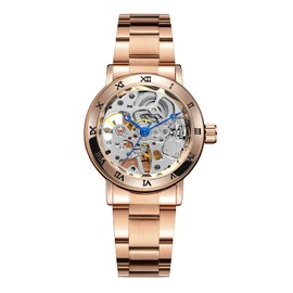 WENFVIN Reloj de pulsera mecánico de acero inoxidable para mujer con esqueleto y números romanos, Rosa