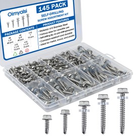 145 PCS Self Tapping Screws for Metal – 410 Stainless Steel Self Drilling Screws Kit, Multiple Sizes (#10 with Washers), Hex Head, Rust-Resistant for Wood, Plastic, Roofing, DIY Projects