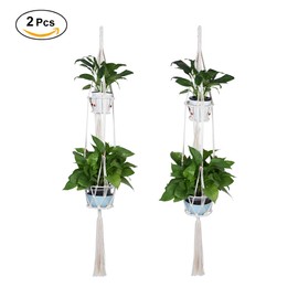 2 Pcs Macrame Double Plant Hanger Cotton Rope Flower Pot Plant Net Holder for Indoor Outdoor