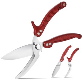 SCAIKTIG Heavy Duty Kitchen Shears, Detachable Poultry Shears with Serrated Edge, Spring-Loaded Stainless Steel Chef Scissors Cutting Bone, Chicken, Fish, Food, Meat, Burgundy Full Steel Handle