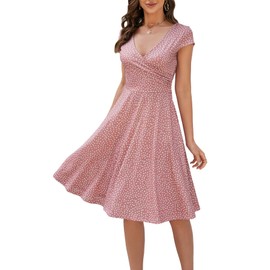 oxiuly Women's Summer Casual Dresses V-Neck Vintage Polka Dot A Line Party Dress OX233 (Pink Dot, l)