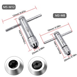 Bestgle 2 Sets Adjustable T-Handle Ratchet Tap Wrench, Reversible Ratchet Tap Wrench, Ratchet Tap Holder Wrench Screw Thread T-Shaped Tapping Thread Metric Plug Tapper Tool (M3-M8, M5-M12)