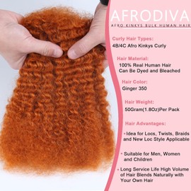 Afro Kinkys Bulk Human Hair for Dreadlocks Kinky Curly Hair for Loc Extensions 100% Real Human Hair Afro Kinky-Curly Human Braiding Bulk for Twist & Repair Locs 4 Packs 200 Gram 16 Inch Ginger