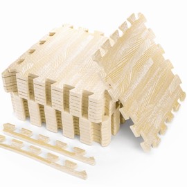 Tebery 16 Pieces Printed Wood Grain Floor Tiles 3/8-Inch Thick EVA Foam Puzzle Floor Mat (White Wood)