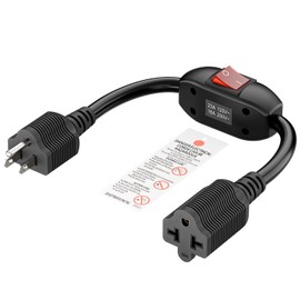 Heavy Duty 4-in-1 On/Off Switch Extension Cord 12-AWG 15A Household Plug to 20A T Blade Adapter Cable with Heavy Duty Double Break 23A 125V Inline Switch, L=40CM