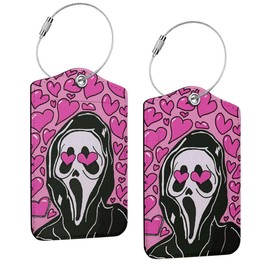 2 Pcs Funny Horror Movie Luggage tag, Pink Suitcase Tags with Privacy Flap and Metal Loop, Ghost Spooky Movie Fans Luggage Tags for Suitcases, Identifiers Travel Essentials Bag Tags for Luggage