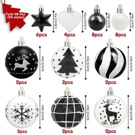 Aitsite 38 Pcs Christmas Baubles, Black and White Shatterproof Xmas Baubles Christmas Tree Decorations Large Christmas Balls Ornaments Hanging Christmas Decorations for Xmas Holiday Party Home