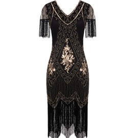 MISSCHEN 1920 Dresses Plus Size Great Gatsby Themed Roaring 20s Flapper with Sleeve YLS018 3XL Black Gold