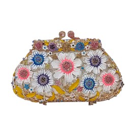 Fancy Vintage Flower Rhinestone Clutch Multicolor Floral Crystal Evening Bag Purse Wedding Cocktail Bag(white yellow)