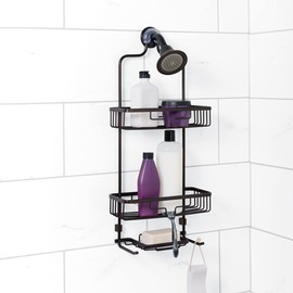Zenna Home Rustproof Hanging Shower Caddy, Over the Shower Head Caddy with 2 Shelves and Built In Hooks, Aluminum Bathroom Hanging Organizer, Bronze