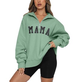 QLIPIN Mama Sweatshirt Women Mom Life Zip Up Pullover Lapel Half Zip Sweatshirts Mama Print Casual Loose Long Sleeve Top Green