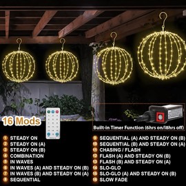 2 Pack Christmas Ball Light, 12IN Foldable Metal Sphere Lights, Connectable Waterproof 16 Modes with Timer, Hanging Tree Globe Lights for Holiday Christmas Decorations (Warm White)