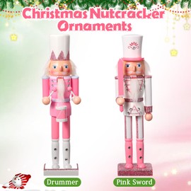 Huwena 2 Pcs Pink Christmas Nutcracker Ornaments Wooden Nutcracker Soldier Figure Decor 12 Inch Holiday Festive Nutcracker Figures for Xmas Party Decoration(Drummer, Pink Sword)