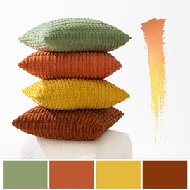 MIULEE Pack of 4 Corduroy Cushion Covers Square Soft Pilllow Covers 50x50 cm 20x20 inch Boho Decoration Throw Pillowcase with Invisible Zipper for Living Room Sofa Bedroom Orange Green Series