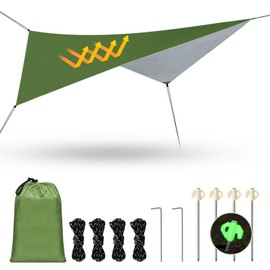 Camping Zeltplane Wasserdicht mit ösen, 3.4mx2.6m Tarp Wasserdicht Ultraleicht, Tragbar Sonnensegel mit 4 Aluminiumstifte & 4 Nylonseile, Zelt Tarp für Hängematte Picknick Camping Wandern, Grün