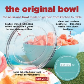 served Large Insulated Serving Bowl with Lid (100oz/3QT) - Double-Walled Stainless Steel Bowl for Hot & Cold Food - Vacuum Insulated, Spill-Resistant Thermal Bowl for Parties, Casseroles, Tailgates