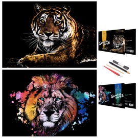 DESINIK Scratch Painting Art for Adults & Kids - 2 Sheets Rainbow Scratch Painting Kit, Scratch Painting Foil Art for Adults, Stress Relief Adult Craft Kits A3(Tiger & Lion)