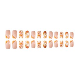 Press on Nails Short Square Fake Nails Acrylic Glue on Nails with Orange Flowers Designs Glossy False Nails Full Cover Stick on Nails Artificial Static Nails for Women 24Pcs