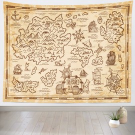 Loccor 7x5ft Vintage World Map Tapestry Old Treasure Map Of Pirate Caribbean Sea Islands Retro Travel Atlas Wall Hanging for Kids Students Men Home Office Bedroom Living Room Dorm