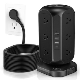 AOFO Long Extension Cord 15 ft Power Strip Tower, Surge Protector 12 AC Outlets 4 USB(1 USB C) Ports, Charging Tower Overload Protection with Multiple Outlets for Home Office