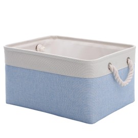 CREADARD Small Storage Box with Cotton Handles, Fabric Foldable Linen Canvas Wardrobe Storage Baskets for Living Room, Laundry Room, Kids Room and Bedroom (BlueWhite 1pcs)