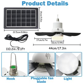 TUSAUW 17.3in Solar Ceiling Fan Light,Small Solar Powered Rechargeable Ceiling Fan, 3 Color Light＆Remote Control, Built in 10000mah Battery for Outside Gazebo Canopy Tent, Chicken Coop,Camping