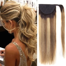 Tinashe Ponytail Human Hair Extensions Long Straight Wrap Around Ponytail Hair Pieces Remy Human Hair Clip in Ponytails Hair Extensions with Magic Paste For Women Highlight 22inch (#T1B/4/27, 22寸)