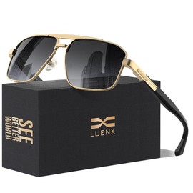 LUENX Aviator Sunglasses for Men Square Polarized Polygon Shades Driving UV 400 Protection 60mm-Gradient Grey Lens Gold Metal Frame Glossy Temple