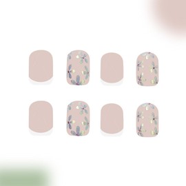 Spring Press on Nails Short Square Fake Nails with Flower Designs White French Tip Nails Press ons Glossy Glue on Nails Nude Acrylic Nails Summer False Nails Cute Stick on Nails for Women 24Pcs