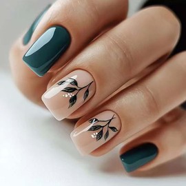 Spring Press on Nails Short, New Simply Square Fake Nails, Fresh Green Leaves Plant Wearable False Nails, Glossy Peacock Blue Leaf Designs Acrylic Nails, Short Glue on Nails for Nail Art