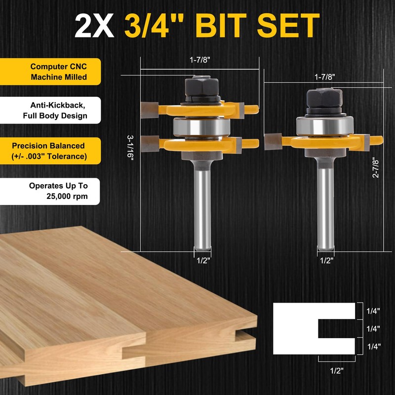 3 Edge T Joint Router Bit 1/4" Shank-Lock Miter Woodworking