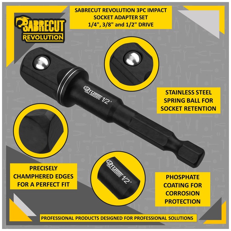 3 x SabreCut SCESAK1 Socket Adapters 1/4 inch HEX to