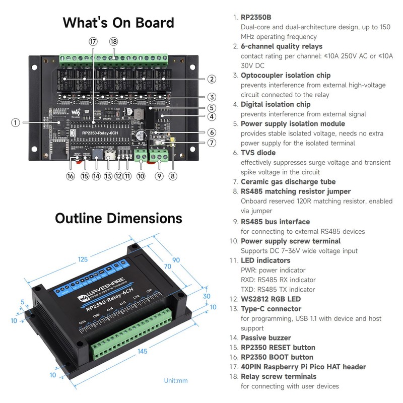 Waveshare Industrial 6-Channel RP2350 Relay Module, Onboard RS485 / Pico