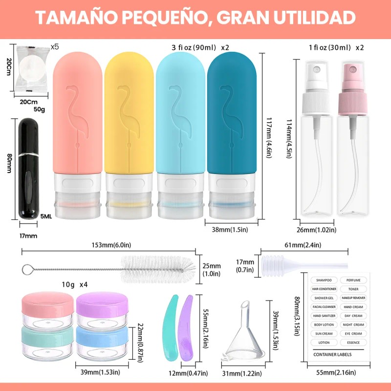 Kit 23 De Viaje Con Botellas Silicona Y Frascos Recargables
