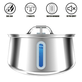 Homtyler Stainless Steel Cat Water Fountain,Pet Water Fountain 4L/135oz Large Capacity,Dog Water Dispenser with Water Level Window, Multiple Filtration, Quiet Automatic Pet Fountain Easy Clean,2Faucet