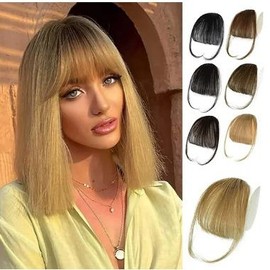 Ustar Wispy Clip in Bangs 100% unprocessed Human Hair Extensions Curved Bangs Clip on Hair for Women Fringe with Temples Hairpieces for Daily Wear 9 colors - Color: #27 Ash Blonde