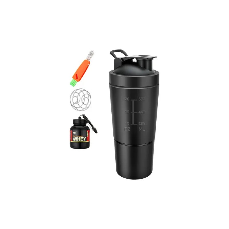 Shaker de Proteína HomeChi 700ml Acero Inoxidable Negro con Compartimento