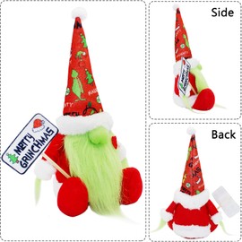 Hioph Grinch Gnome Decorations, Christmas Cute Gnome Plush Handmade Ornaments Holding Merry Christmas Board Dolls Santa Decoration Xmas Party Table Decor Desplay