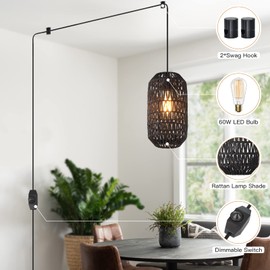 Ruzectt Plug in Pendant Light Rattan Hanging Lights with Plug in Cord 15ft Dimmable Cotton Cord Wicker Boho Hanging Lamps for Kitchen Island Living Room Bedroom Black Light Fixtures (Black-B)
