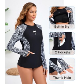 Halcurt - playera de natación para mujer con brasier integrado con bolsillos con agujero para el pulgar, Zebra (brasier + bolsillo), XX-Large