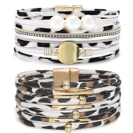 Gleamart Boho Leopard Bracelet Set 2 Pieces Magnetic Buckle Wrap Bangles Multilayer Leather Bracelets Present for Women New White