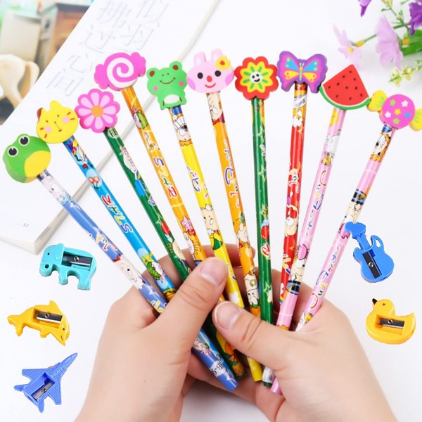 30 x Children's Cartoon Pencils with Eraser + 2 Small