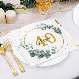 Xunerloy 40Pcs Sage Green Eucalyptus Gold Napkins, 3ply 33x33cm, Disposable Party Serviettes for Birthday, Anniversary, Wedding