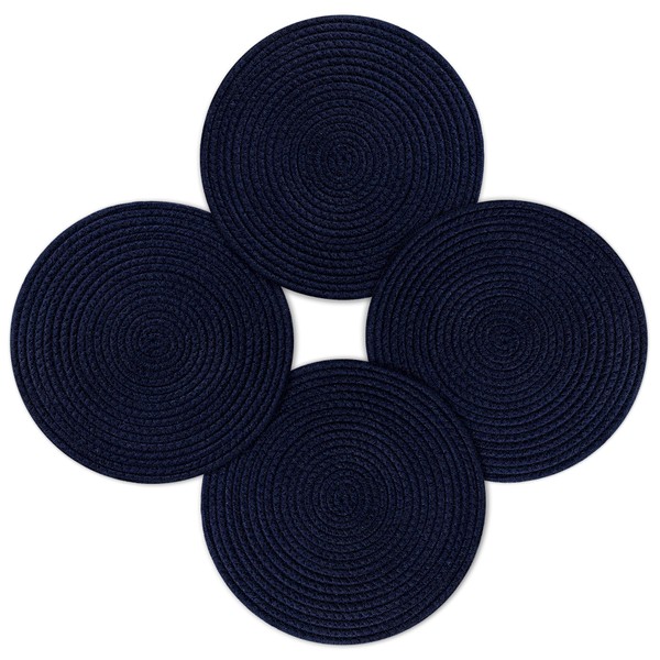 fanquare Round Table Mats Set of 4 Not Easily Stained Dark Blue Cotton Braided Placemats 12 inch Heat Resistant Place Mats Flat and Not Easy to Deform