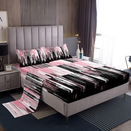 Feelyou Pink Black Bed Sheets Set Kids Abstract Sheet Set Stripe Line Sheets with Deep Pocket Fitted Sheet for Women Men Room Decor Lightweight Modern Art Queen Size with 2 Pillow Case