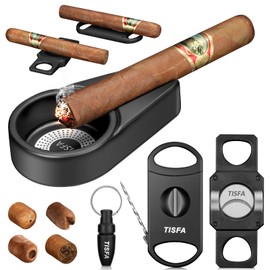TISFA Cigar Ashtray Set, Portable Ash tray for Outdoor, Hole Punch, V Cutter with Draw Enhancer and Holder, Straight Cutter with Stand, Cigar Accessories Ashtray Gift Set