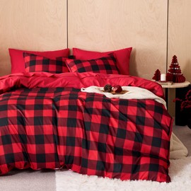 Wake In Cloud - Gingham Duvet Cover Set, Plaid Buffalo Checker Check Cute Aesthetic for Teen Boys Girls, Soft Lightweight Dorm Bedding, 3-Piece, Red Black, King Size
